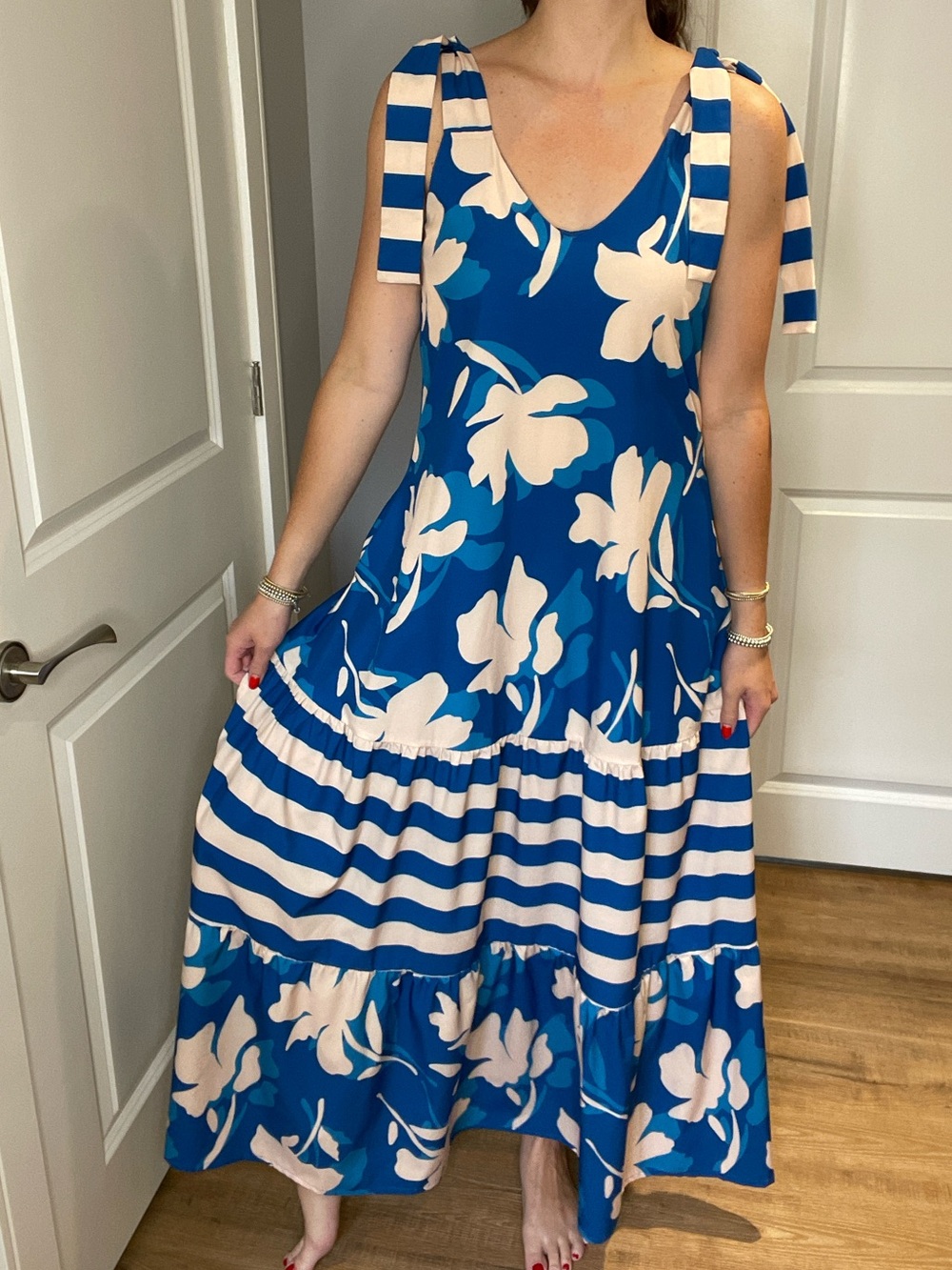 Jálate Blue and Cream Floral Stripe Maxi Dress